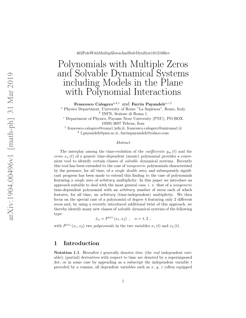 Polynomials with Multiple Zeros and Solvable Dynamical Systems Including Models in the Plane with Polynomial Interactions