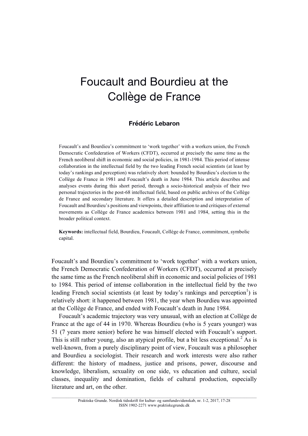 Foucault and Bourdieu at the Collège De France