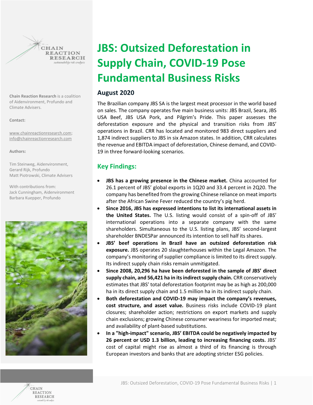 JBS: Outsized Deforestation in Supply Chain, COVID-19 Pose Fundamental Business Risks