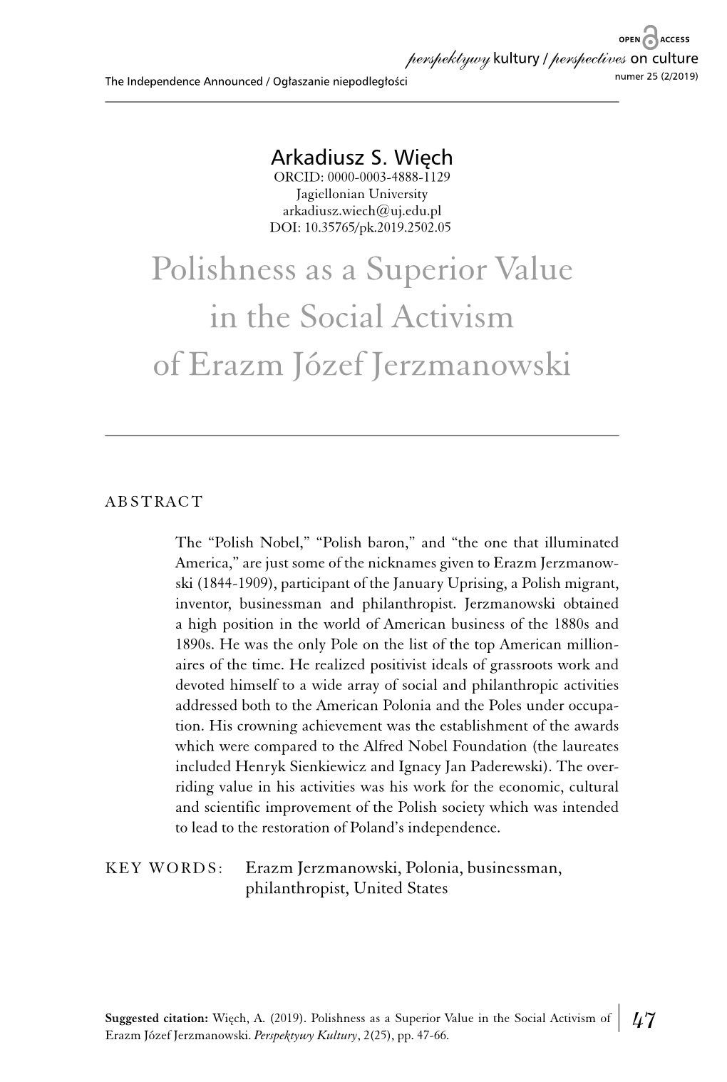 Polishness As a Superior Value in the Social Activism of Erazm Józef Jerzmanowski