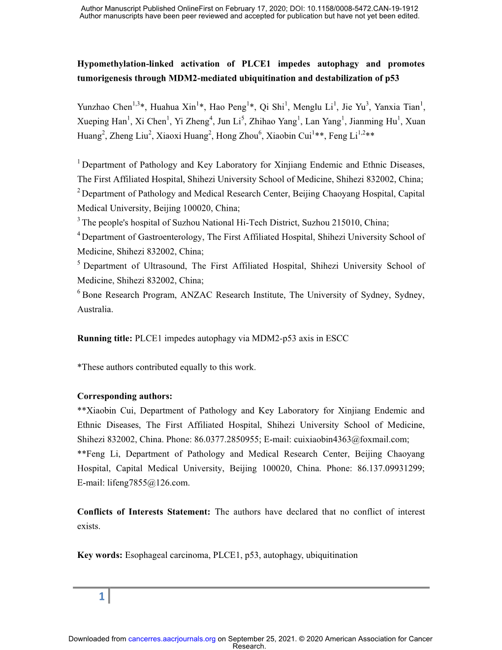 Hypomethylation-Linked Activation of PLCE1 Impedes Autophagy and Promotes Tumorigenesis Through MDM2-Mediated Ubiquitination and Destabilization of P53