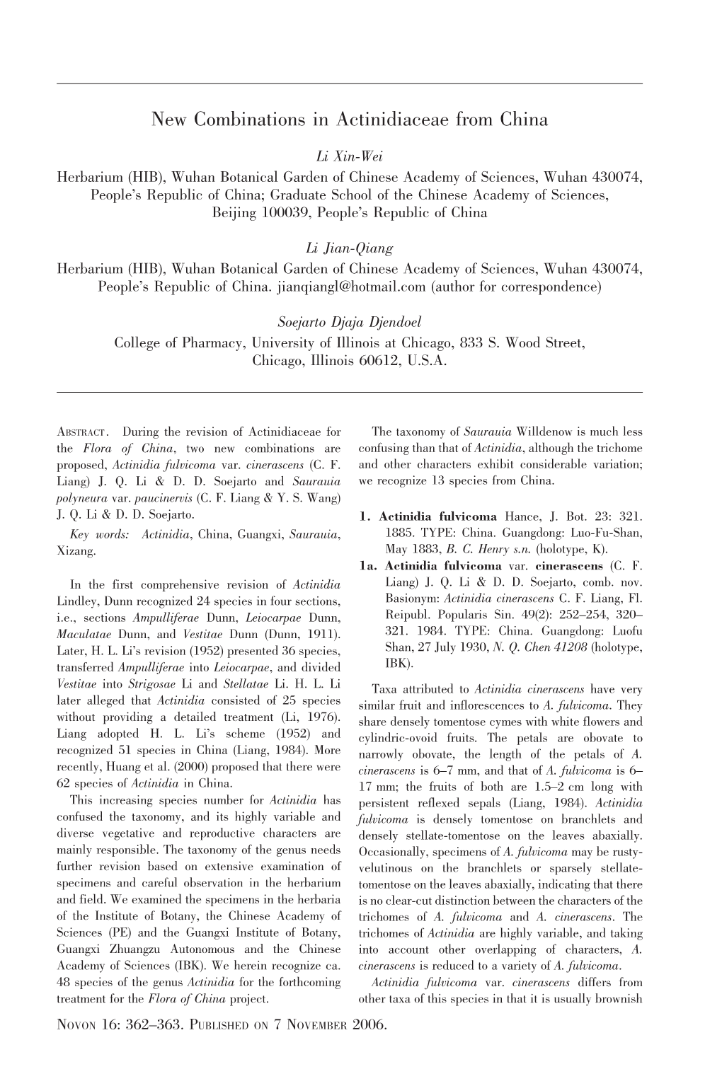 New Combinations in Actinidiaceae from China