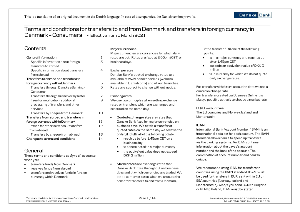 Terms and Conditions for Transfers to and from Denmark and Transfers in Foreign Currency in Denmark – Consumers - Effective from 1 March 2021