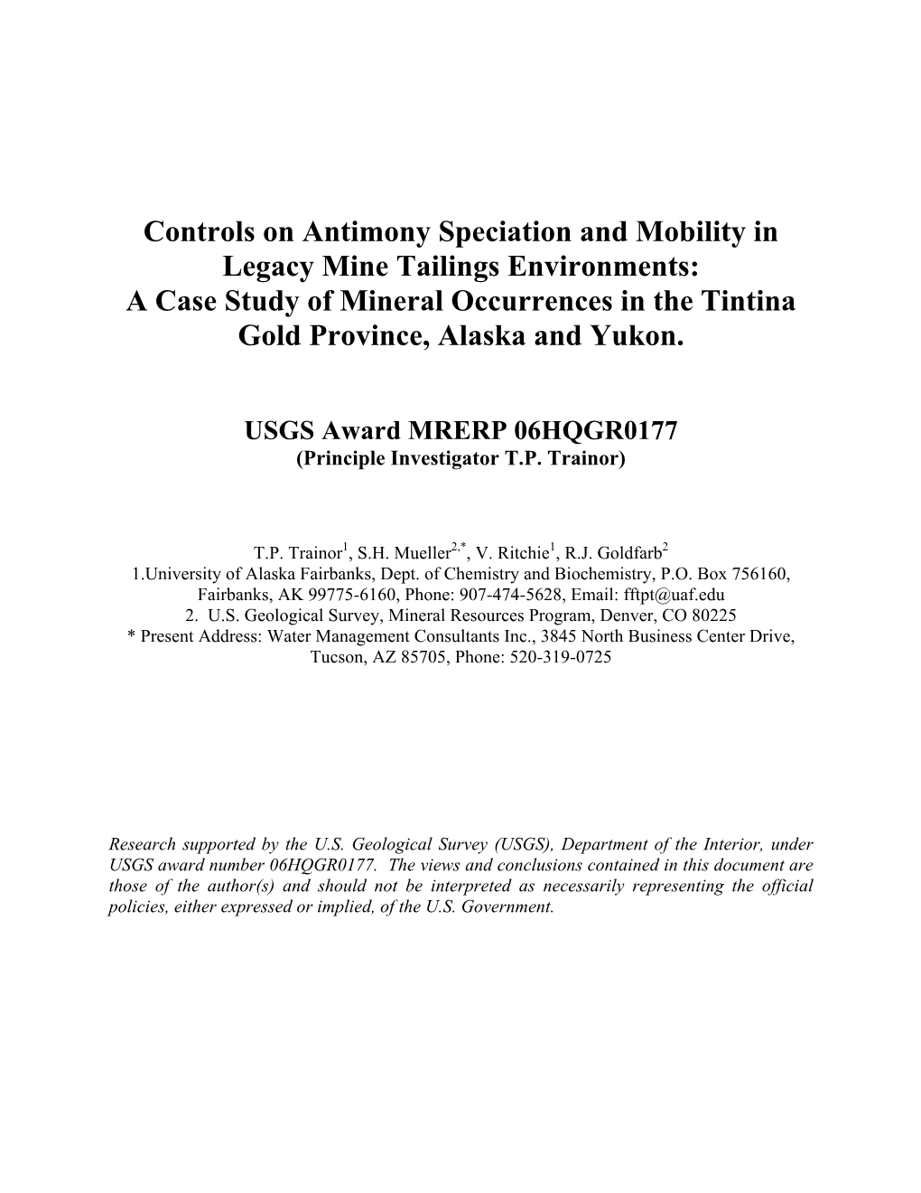 Controls on Antimony Speciation and Mobility in Legacy Mine Tailings Environments: a Case Study of Mineral Occurrences in the Tintina Gold Province, Alaska and Yukon