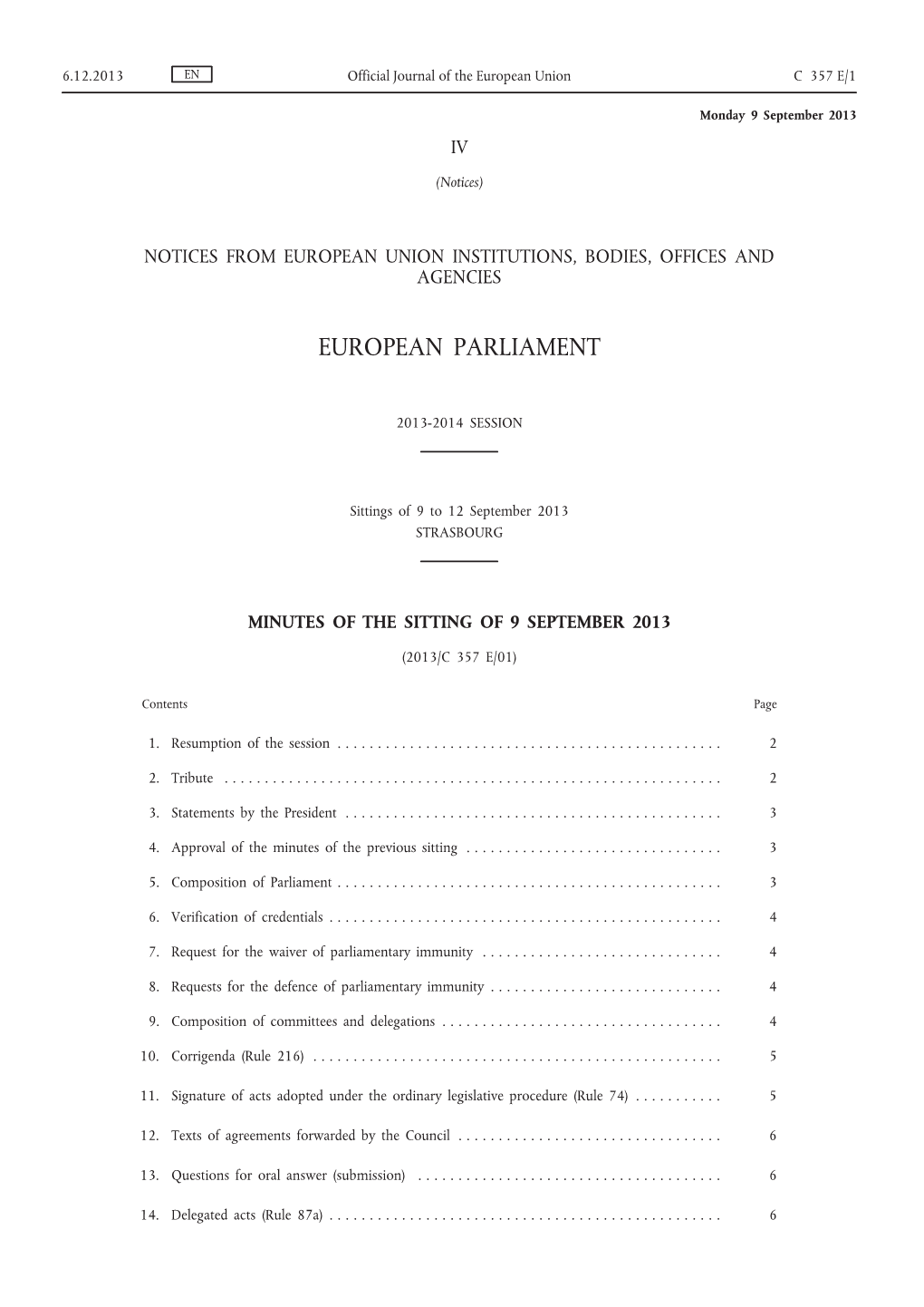 Minutes of the Sitting of 9 September 2013