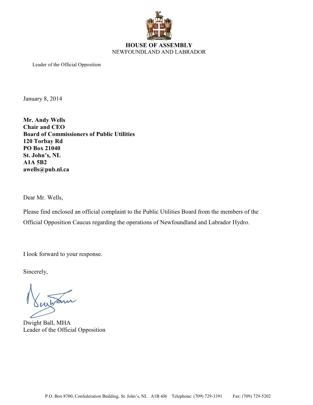 Official Complaint to the Public Utilities Board from the Members of the Official Opposition Caucus Regarding the Operations of Newfoundland and Labrador Hydro