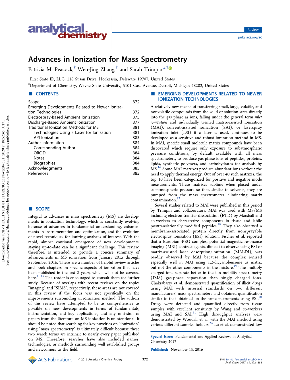 Advances in Ionization for Mass Spectrometry † ‡ ‡ Patricia M