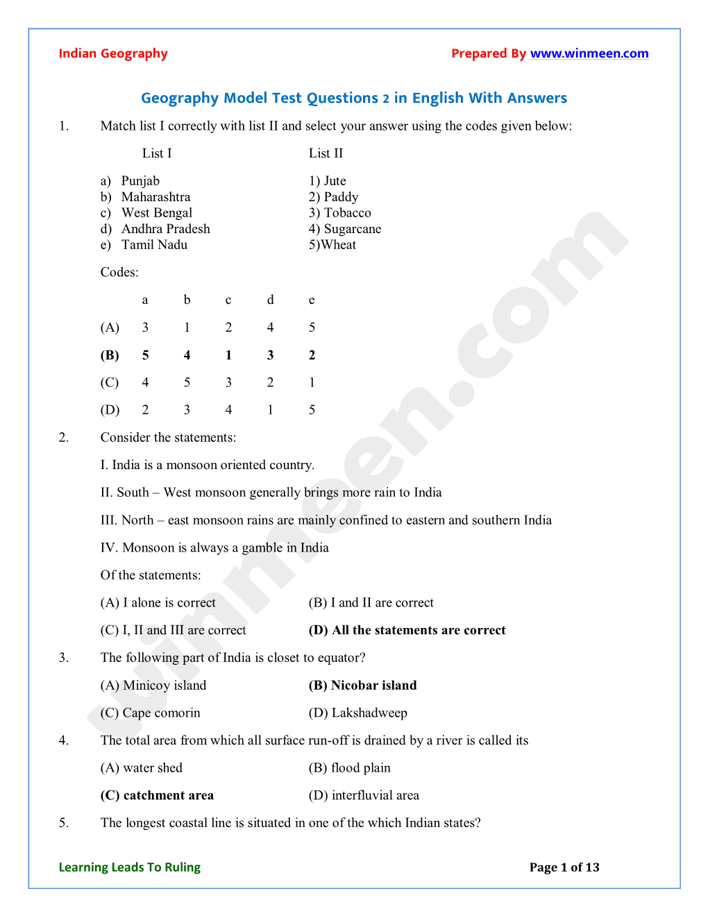 Geography Model Test Questions 2 in English with Answers 1