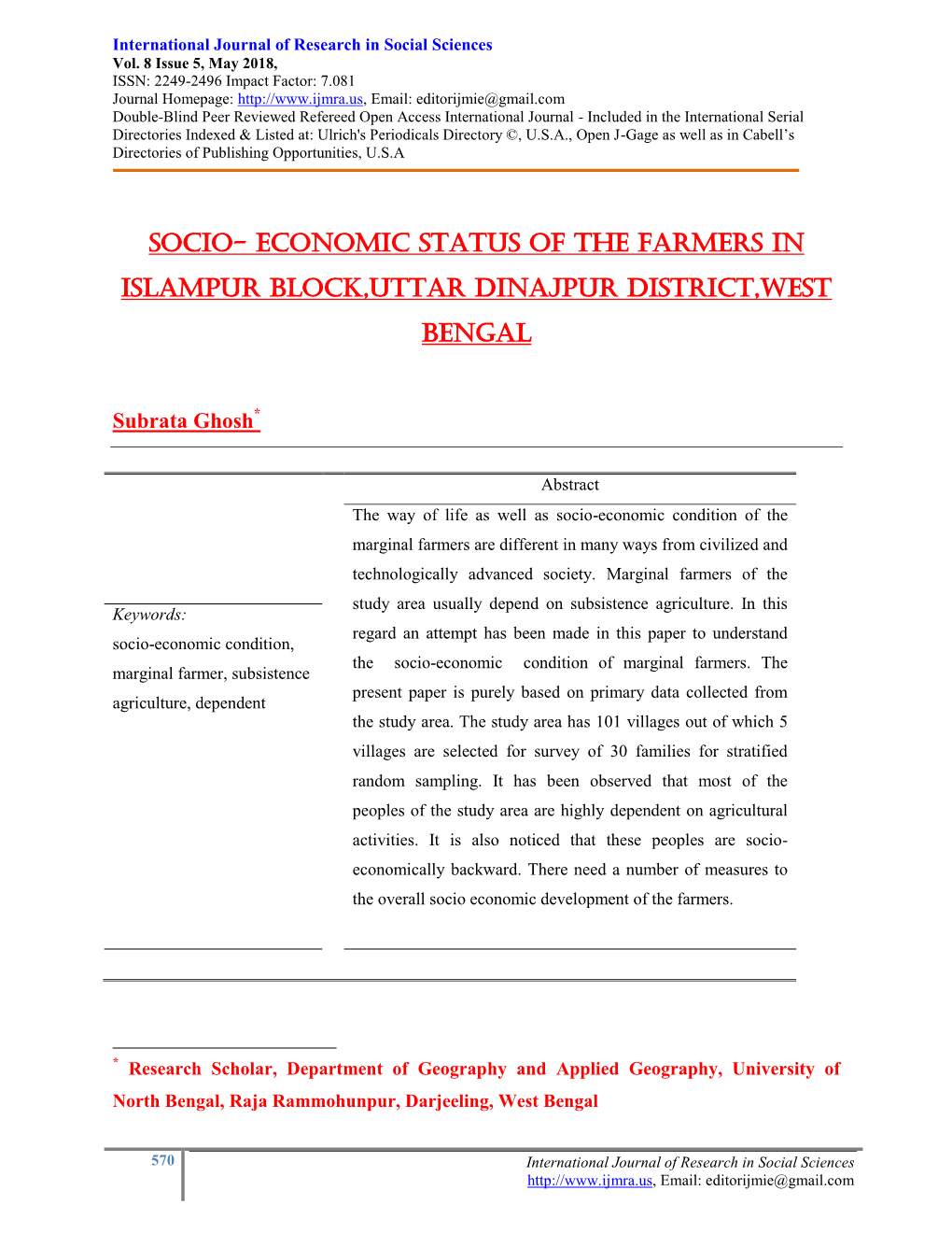 Socio- Economic Status of the Farmers in Islampur Block,Uttar Dinajpur District,West Bengal