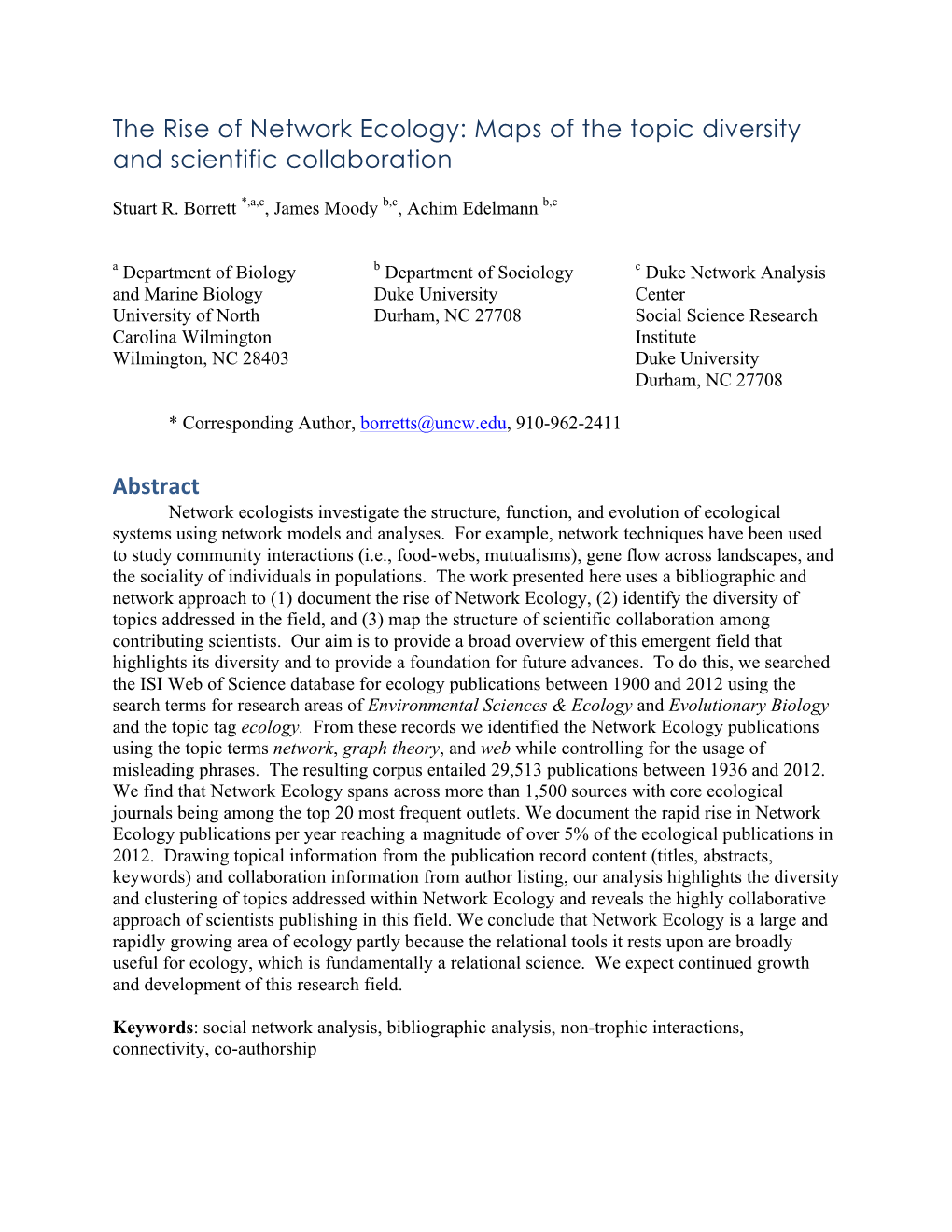 The Rise of Network Ecology: Maps of the Topic Diversity and Scientific Collaboration