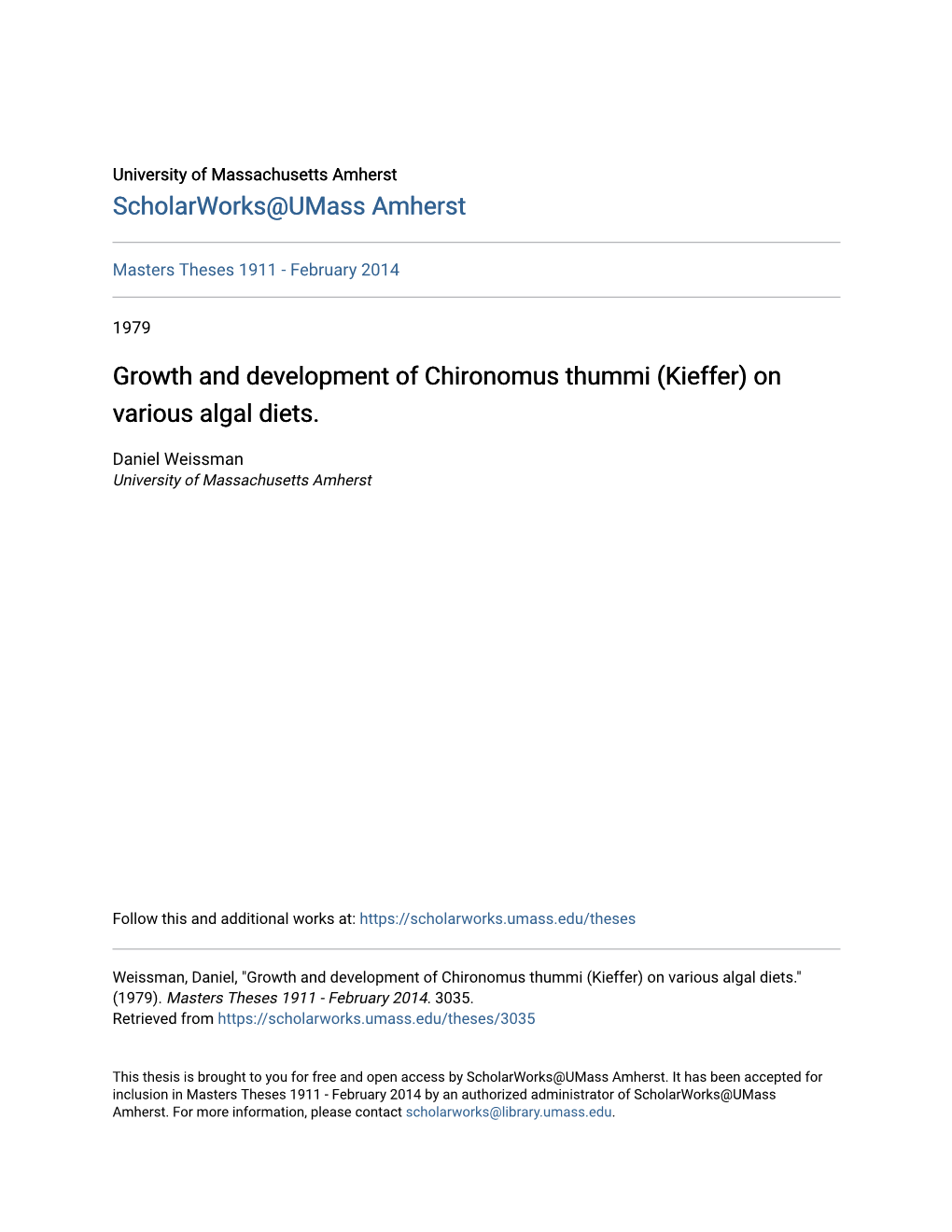 Growth and Development of Chironomus Thummi (Kieffer) on Various Algal Diets
