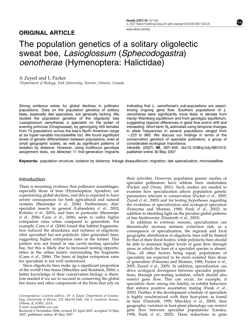 The Population Genetics of a Solitary Oligolectic Sweat Bee, Lasioglossum (Sphecodogastra) Oenotherae (Hymenoptera: Halictidae)