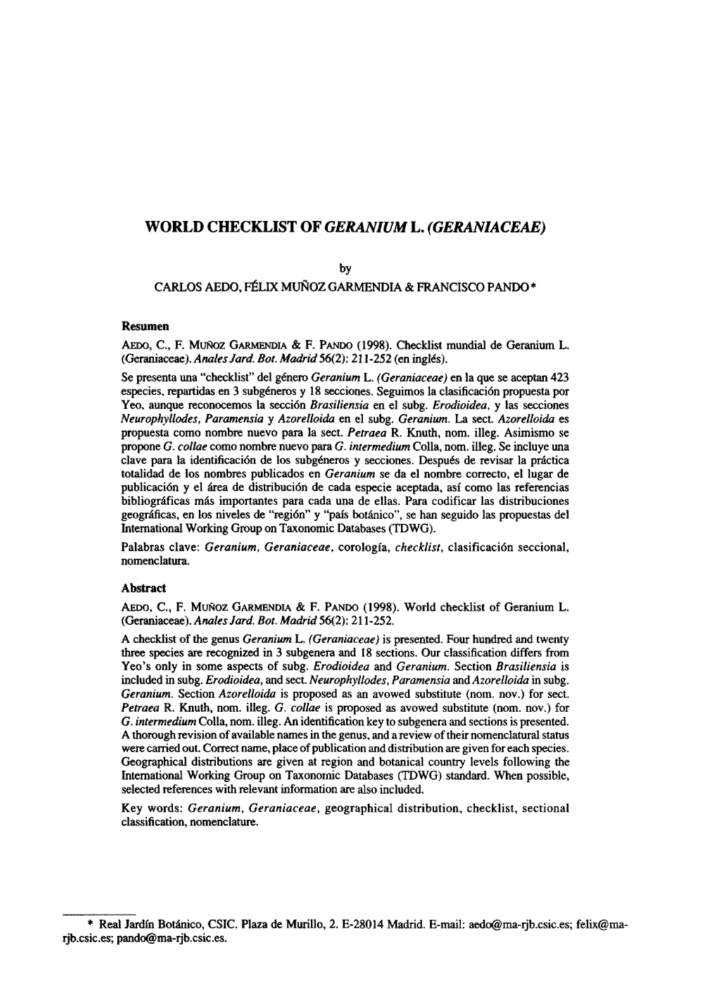 World Checklist Ofgeranium L.(Geraniaceae)