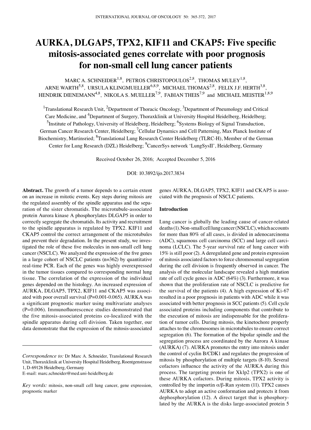 AURKA, DLGAP5, TPX2, KIF11 and CKAP5: Five Specific Mitosis-Associated Genes Correlate with Poor Prognosis for Non-Small Cell Lung Cancer Patients