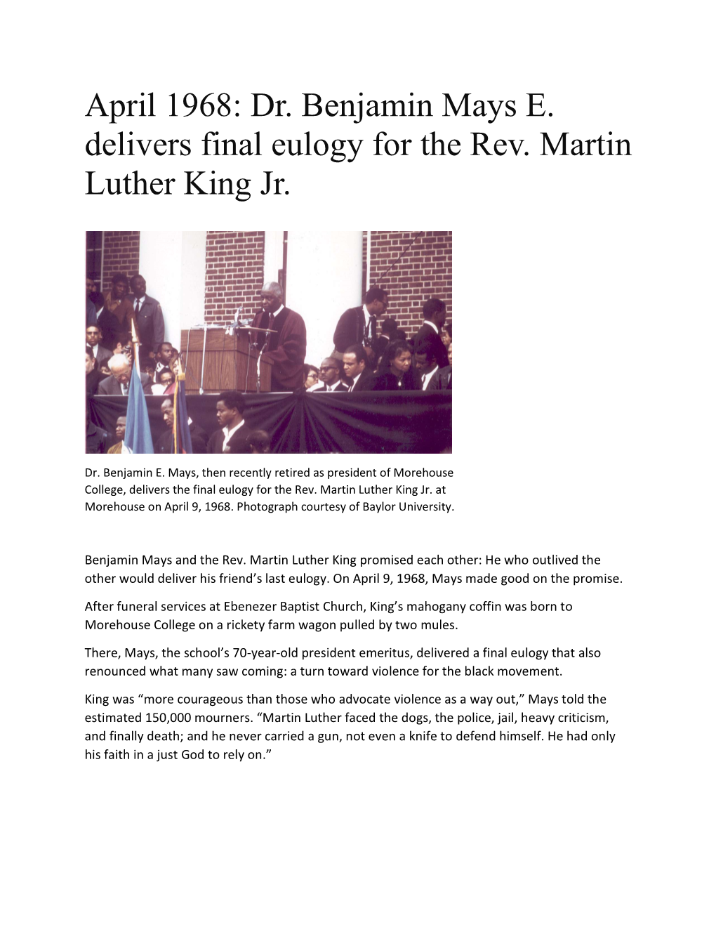 April 1968: Dr. Benjamin Mays E. Delivers Final Eulogy for the Rev. Martin Luther King Jr