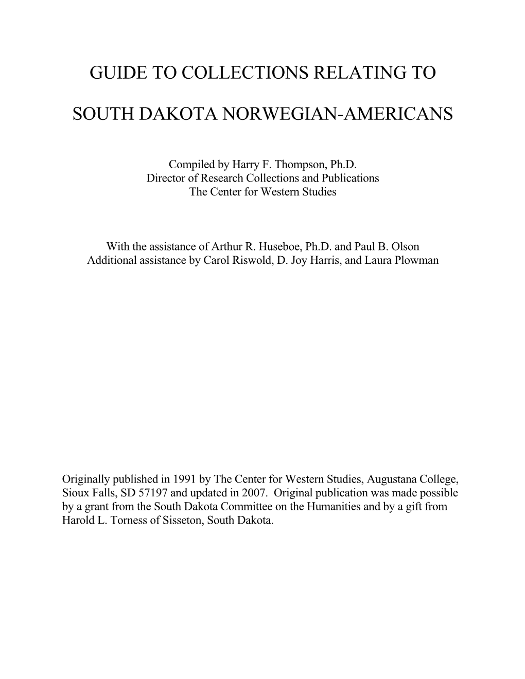 Guide to South Dakota Norwegian-American Collections