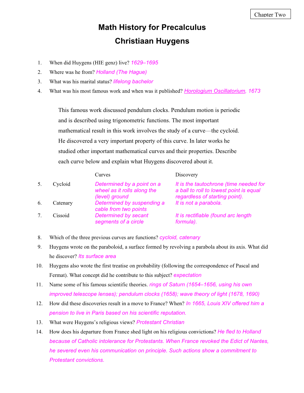 Precalculus Huygens Quiz Answers