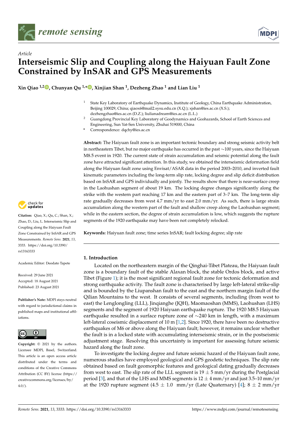 Interseismic Slip and Coupling Along the Haiyuan Fault Zone Constrained by Insar and GPS Measurements