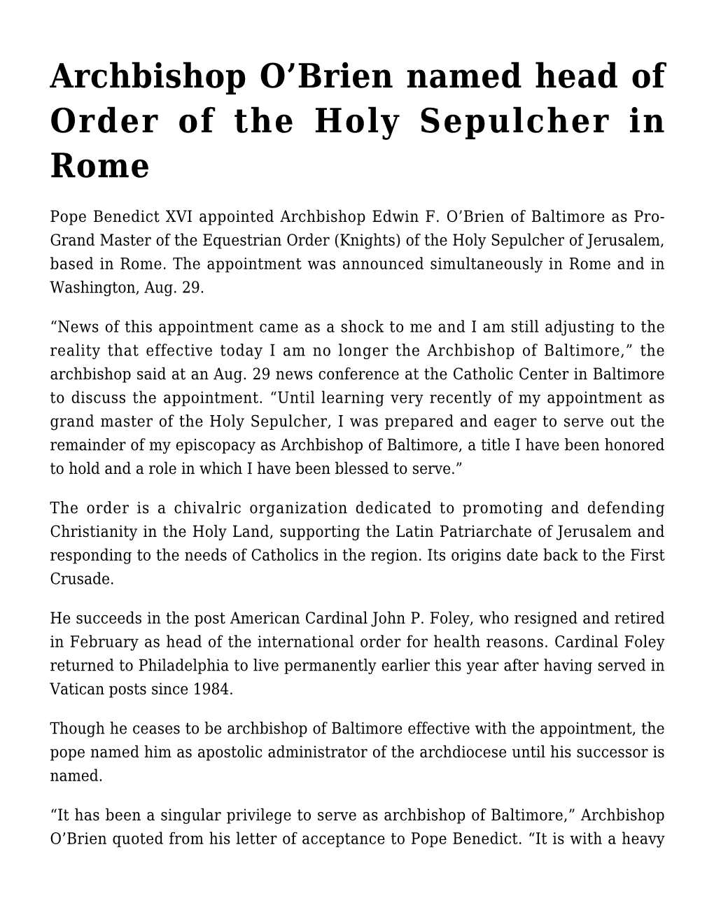 Archbishop O'brien Named Head of Order of the Holy Sepulcher in Rome