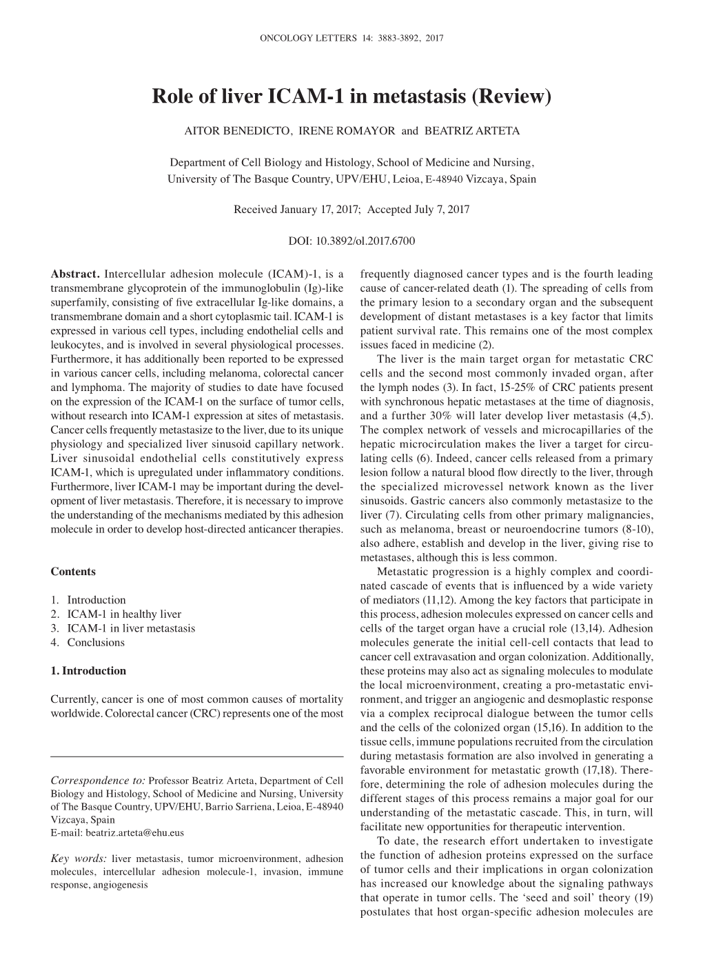 Role of Liver ICAM‑1 in Metastasis (Review)