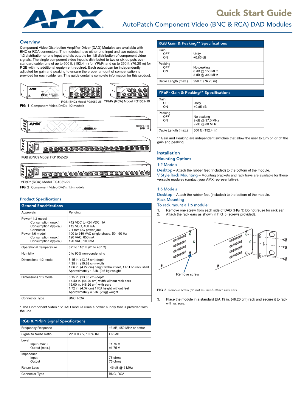 Quick Start Guide Autopatch Component Video (BNC & RCA) DAD Modules