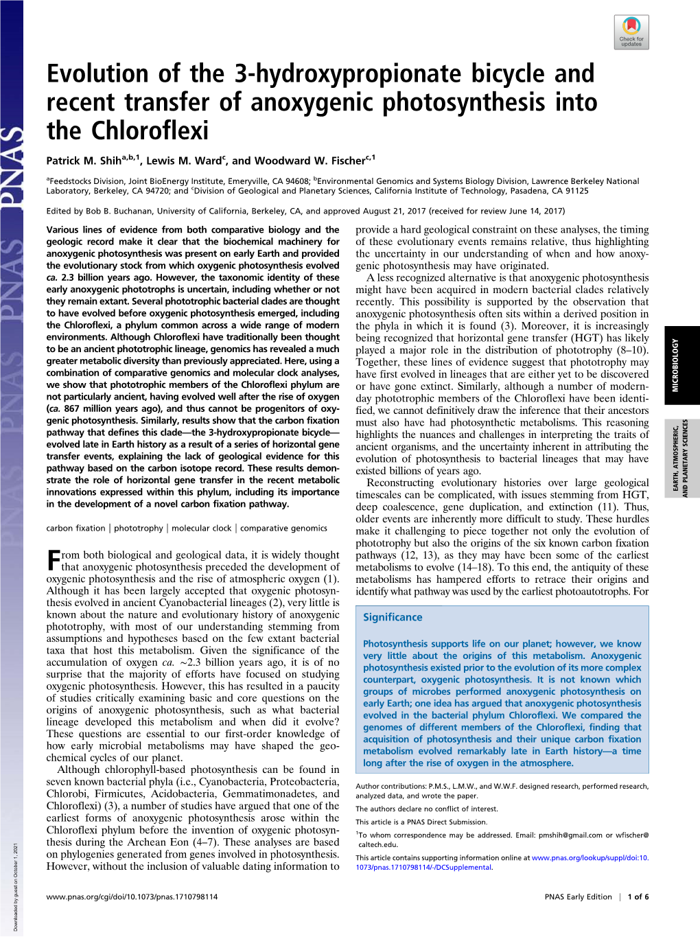 Evolution of the 3-Hydroxypropionate Bicycle and Recent Transfer of Anoxygenic Photosynthesis Into the Chloroflexi