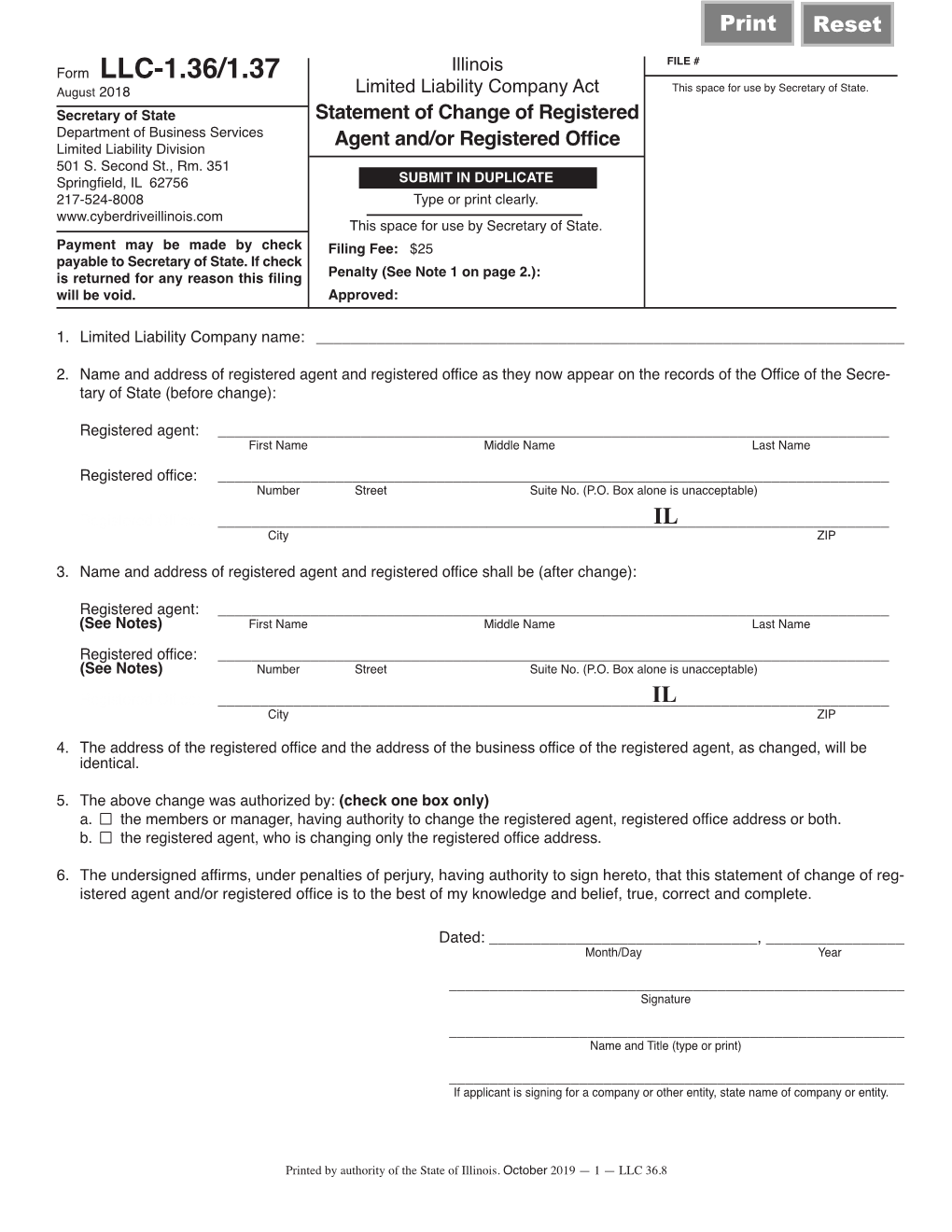 Illinois Limited Liability Company Act Statement of Change of Registered