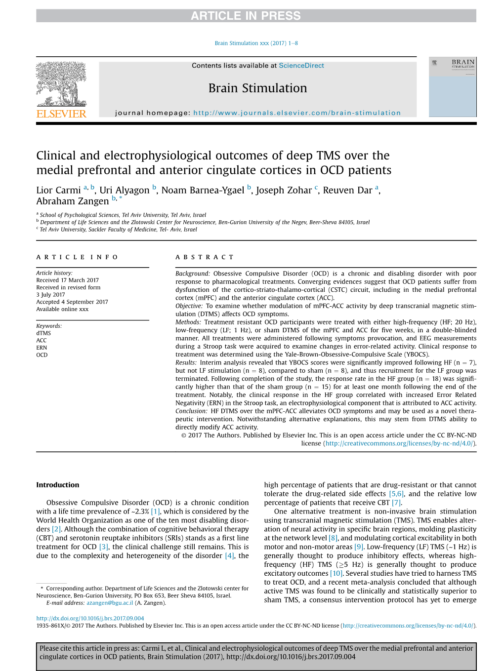 Clinical and Electrophysiological Outcomes of Deep TMS Over the Medial Prefrontal and Anterior Cingulate Cortices in OCD Patients