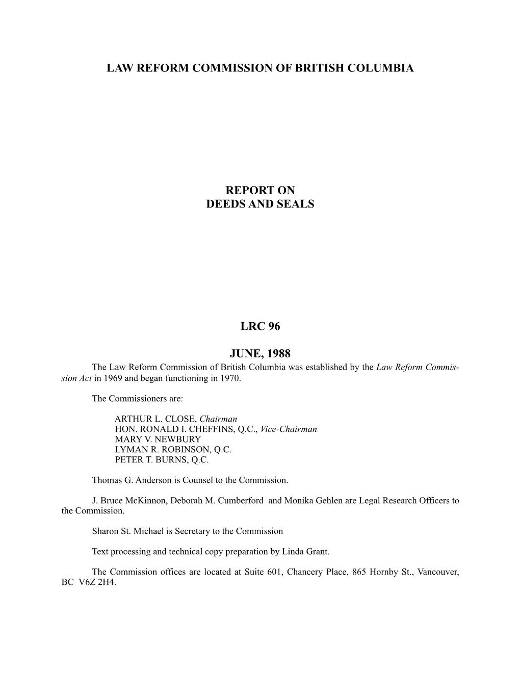 Law Reform Commission of British Columbia Report on Deeds and Seals