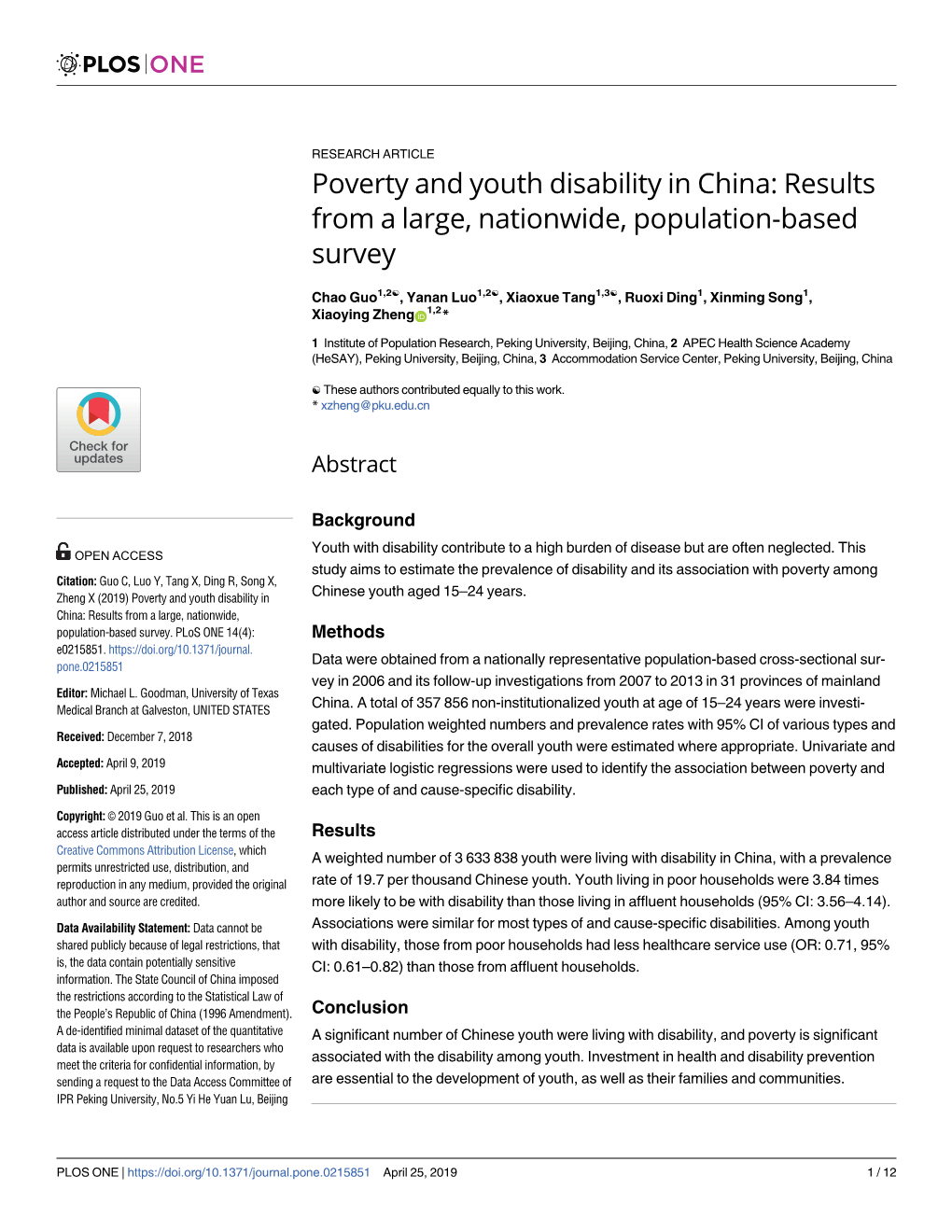 Poverty and Youth Disability in China: Results from a Large, Nationwide, Population-Based Survey