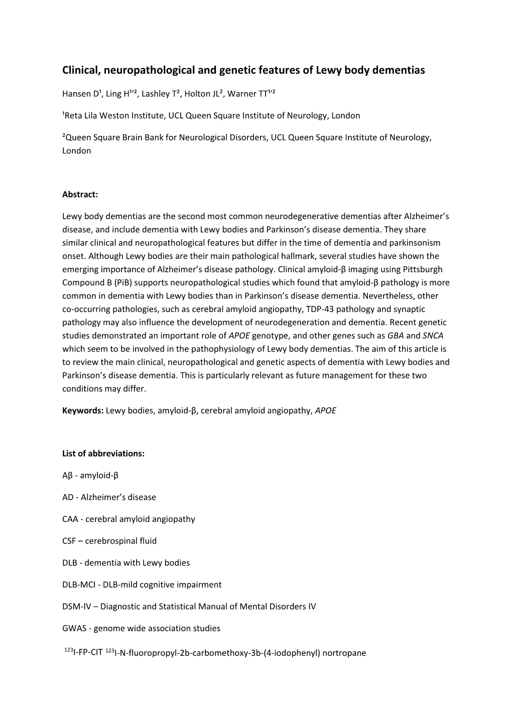 Clinical, Neuropathological and Genetic Features of Lewy Body Dementias