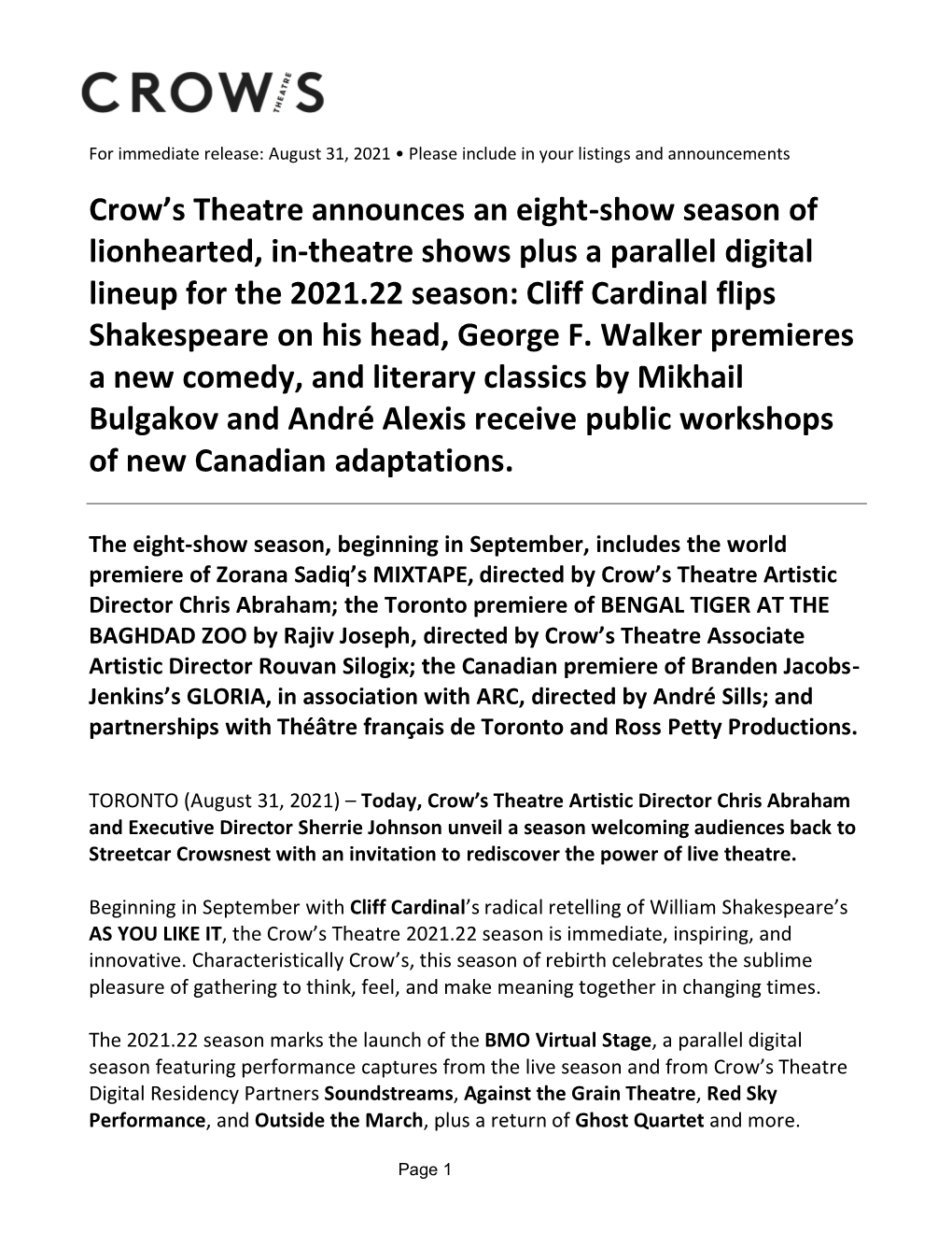 Crow's Theatre Announces an Eight-Show Season of Lionhearted, In-Theatre Shows Plus a Parallel Digital Lineup for the 2021.22