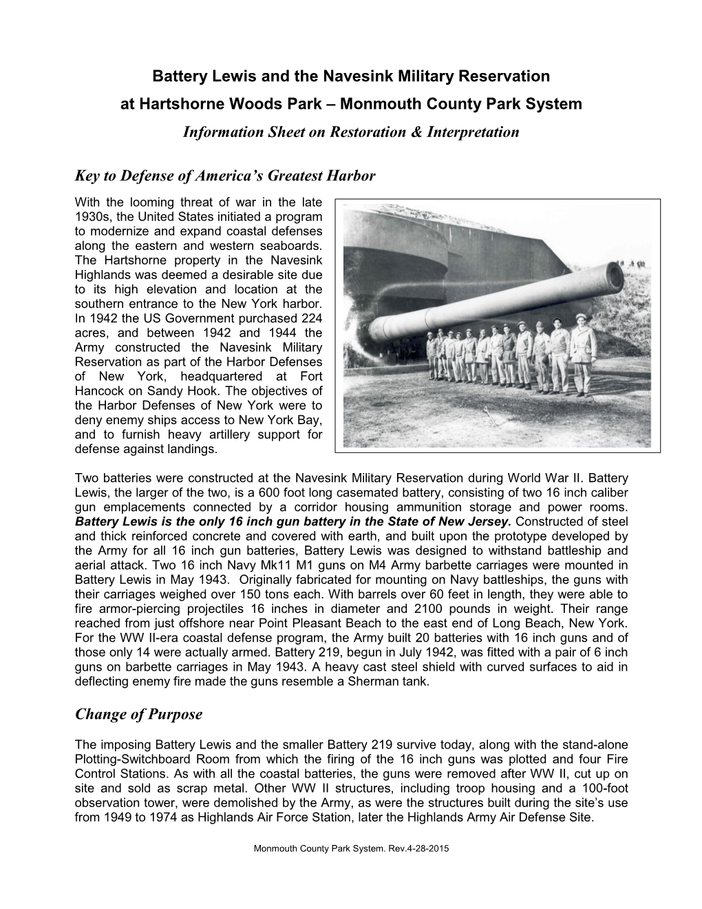 Battery Lewis and the Navesink Military Reservation at Hartshorne Woods Park – Monmouth County Park System Information Sheet on Restoration & Interpretation