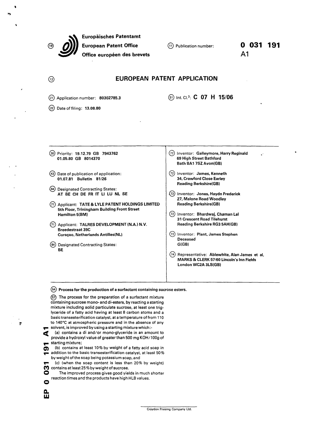 Process for the Production of a Surfactant Containing Sucrose Esters