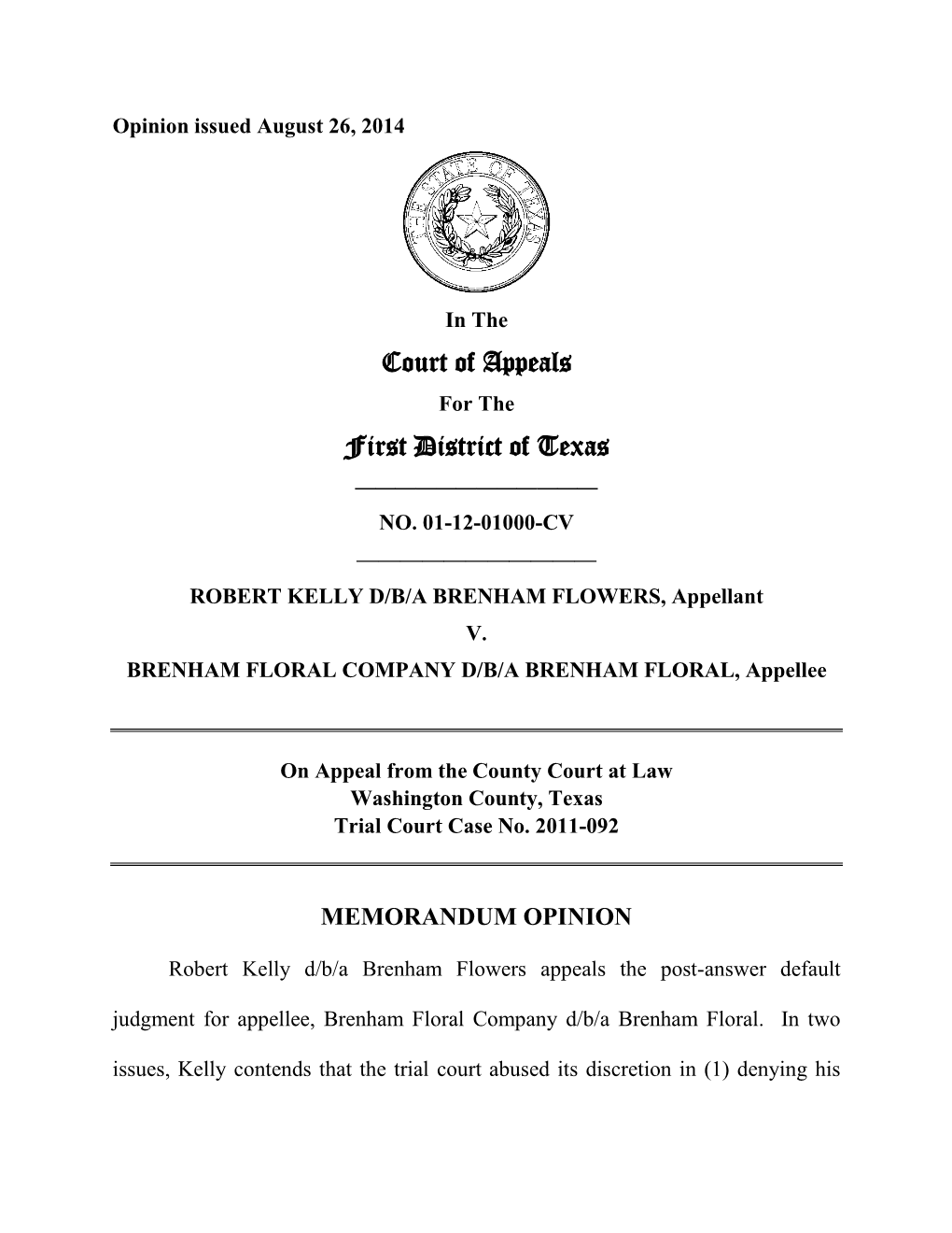 Court of Appeals First District of Texas