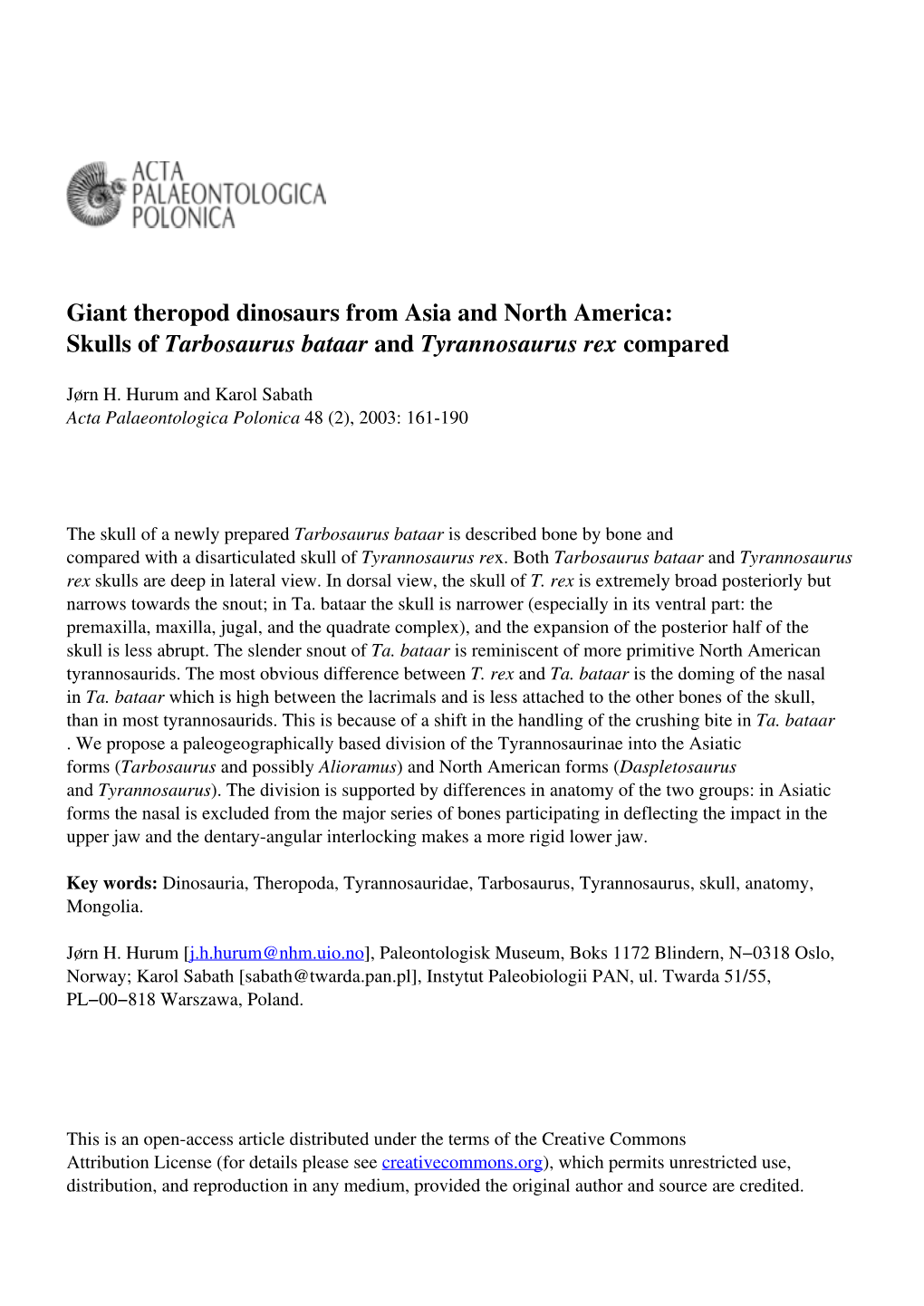 Skulls of Tarbosaurus Bataar and Tyrannosaurus Rex Compared