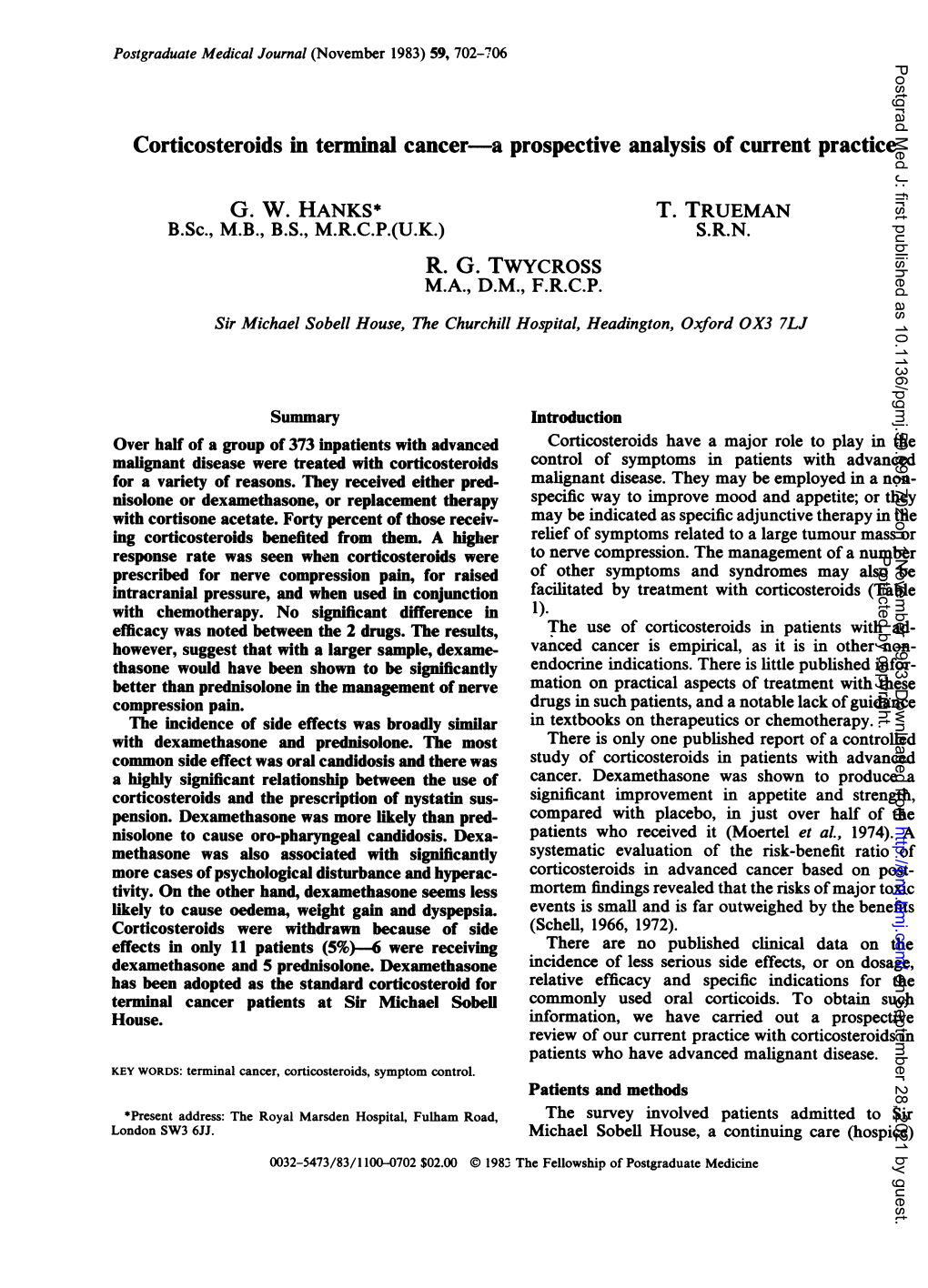 Corticosteroids in Terminal Cancer-A Prospective Analysis of Current Practice