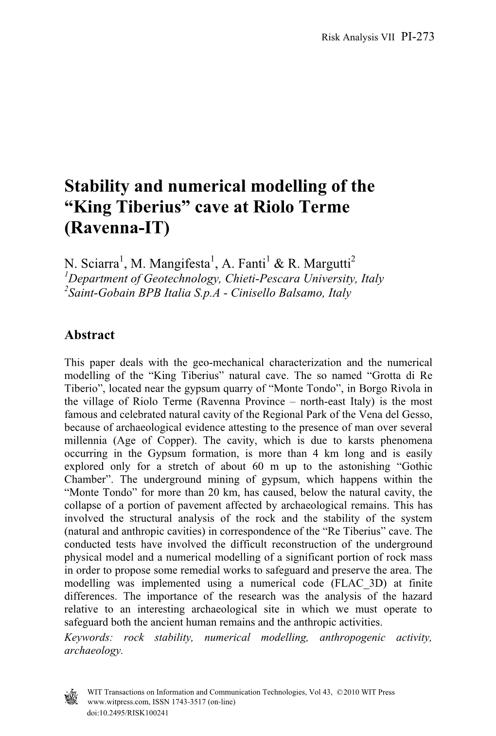 Stability and Numerical Modelling of the “King Tiberius” Cave at Riolo Terme (Ravenna-IT)