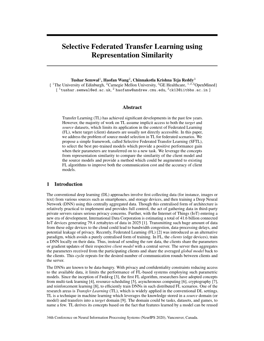 Selective Federated Transfer Learning Using Representation Similarity