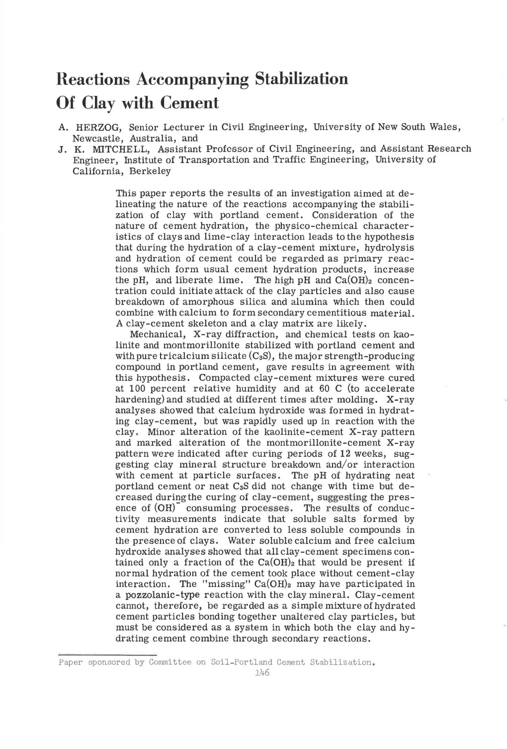 Reactions Accompanying Stabilization of Clay with Cement A