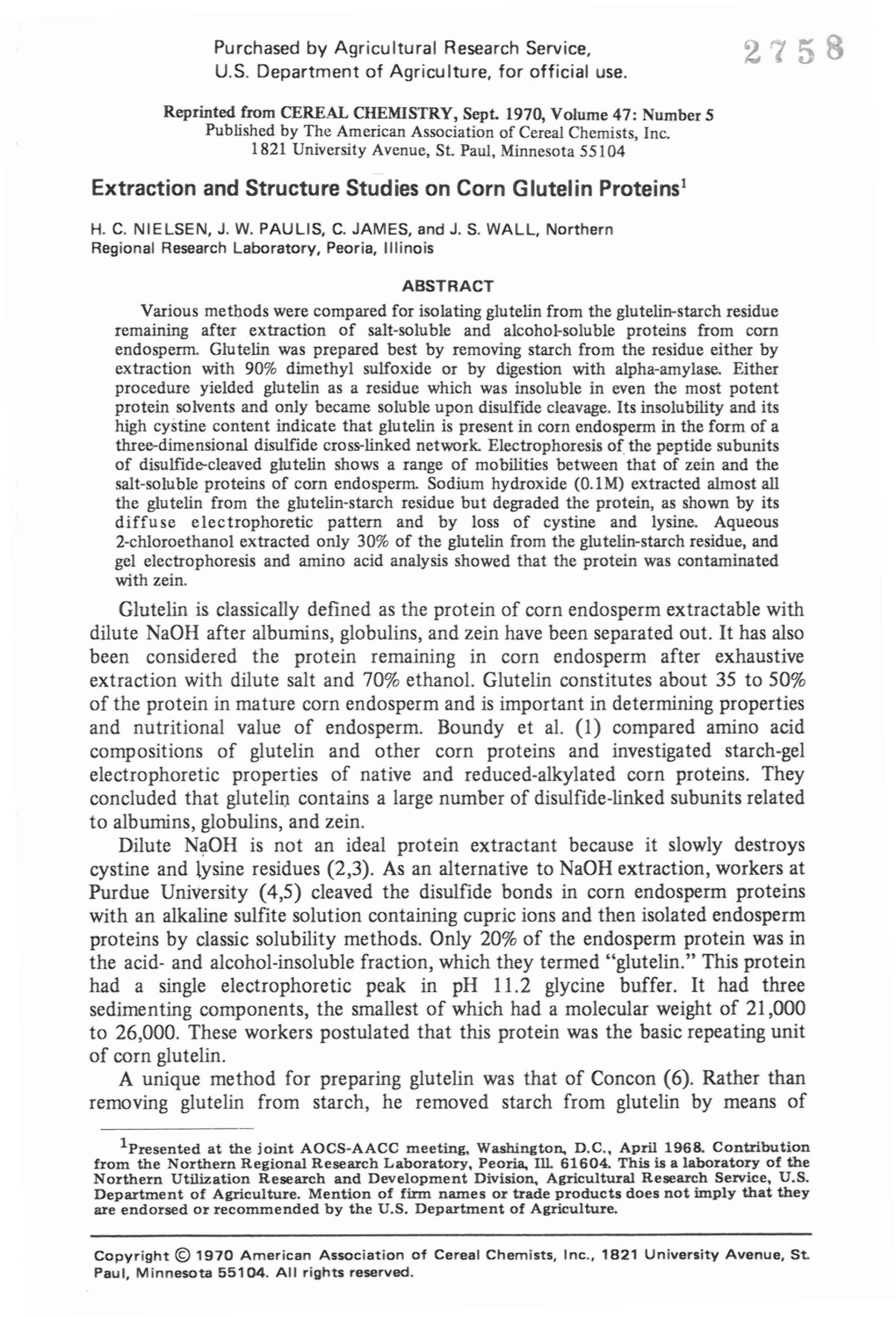 Extraction and Structure Studies on Corn Glutelin Proteinsl