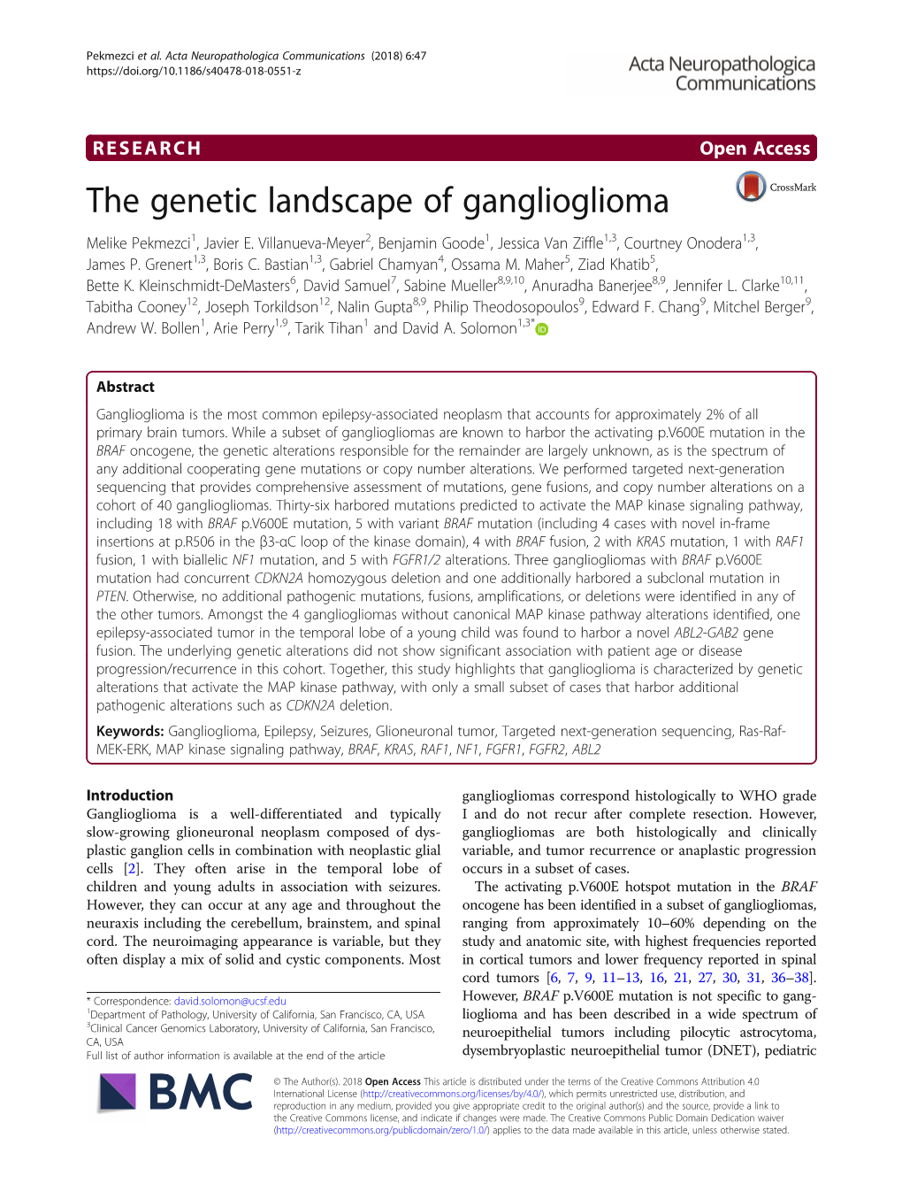 The Genetic Landscape of Ganglioglioma Melike Pekmezci1, Javier E