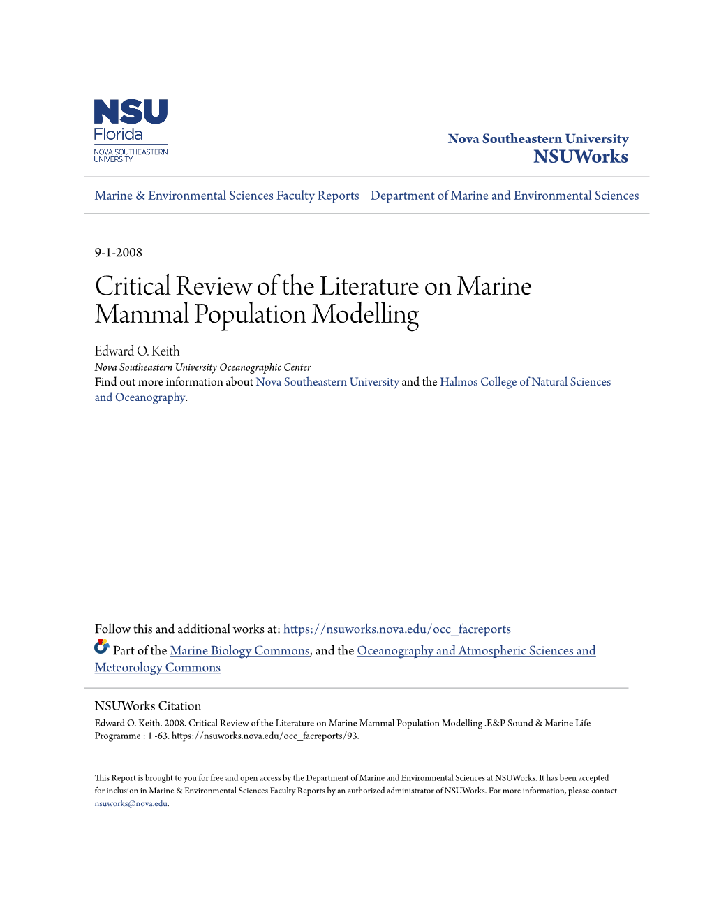 Critical Review of the Literature on Marine Mammal Population Modelling Edward O