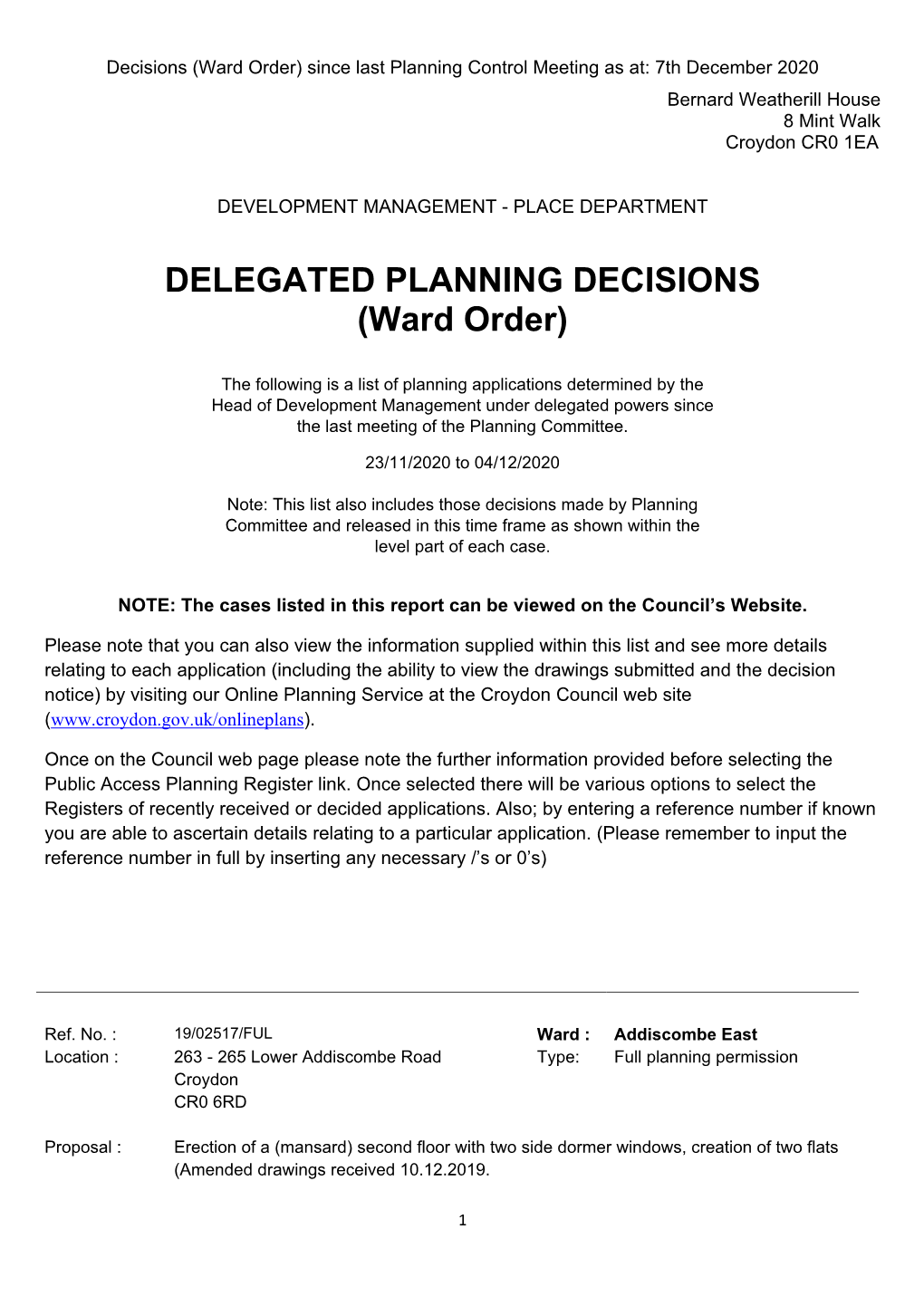 DELEGATED PLANNING DECISIONS (Ward Order)