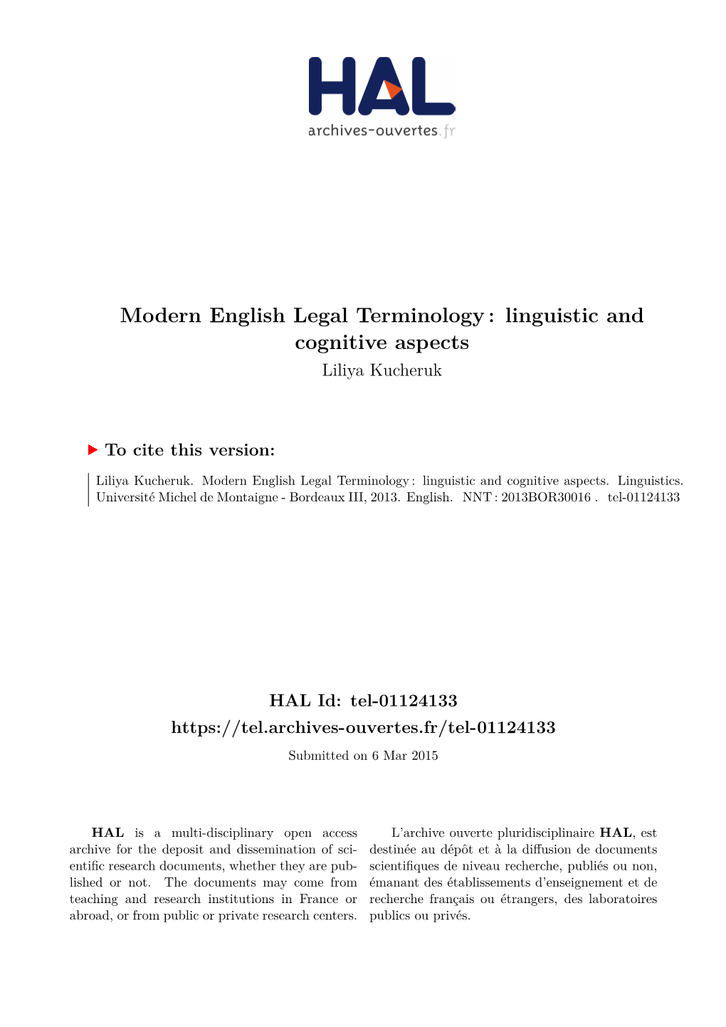 Modern English Legal Terminology : Linguistic and Cognitive Aspects Liliya Kucheruk