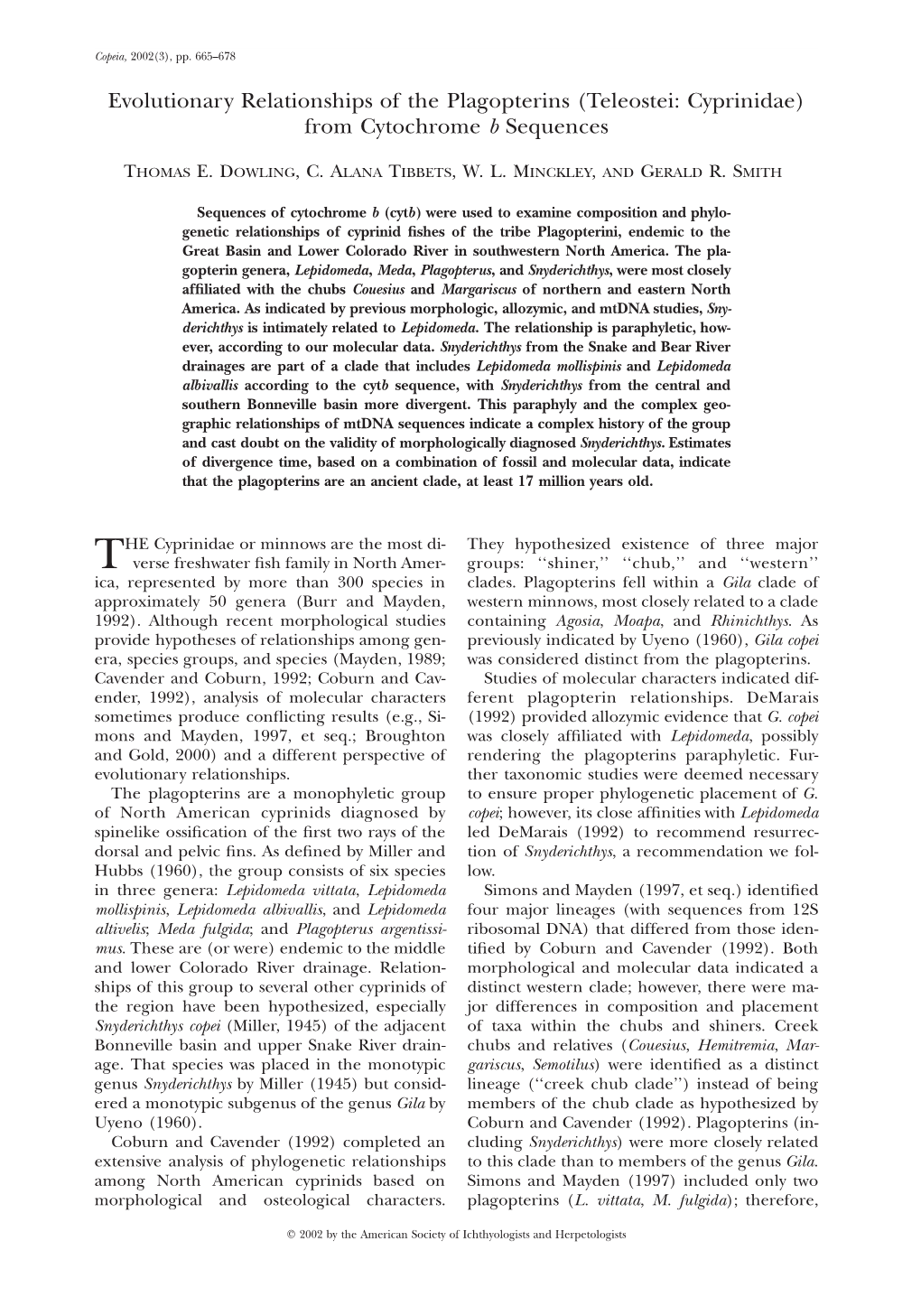 Teleostei: Cyprinidae) from Cytochrome B Sequences