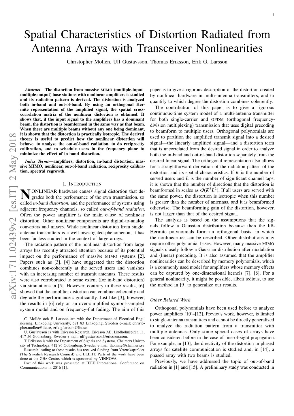 Spatial Characteristics of Distortion Radiated from Antenna Arrays with Transceiver Nonlinearities Christopher Mollen,´ Ulf Gustavsson, Thomas Eriksson, Erik G