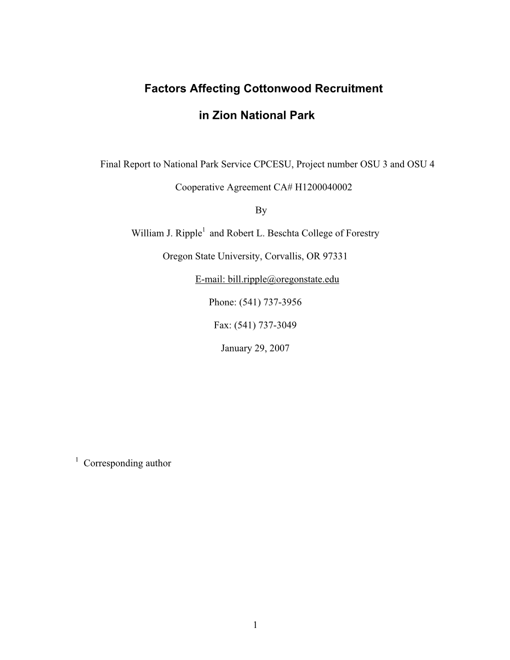 Factors Affecting Cottonwood Recruitment in Zion National Park