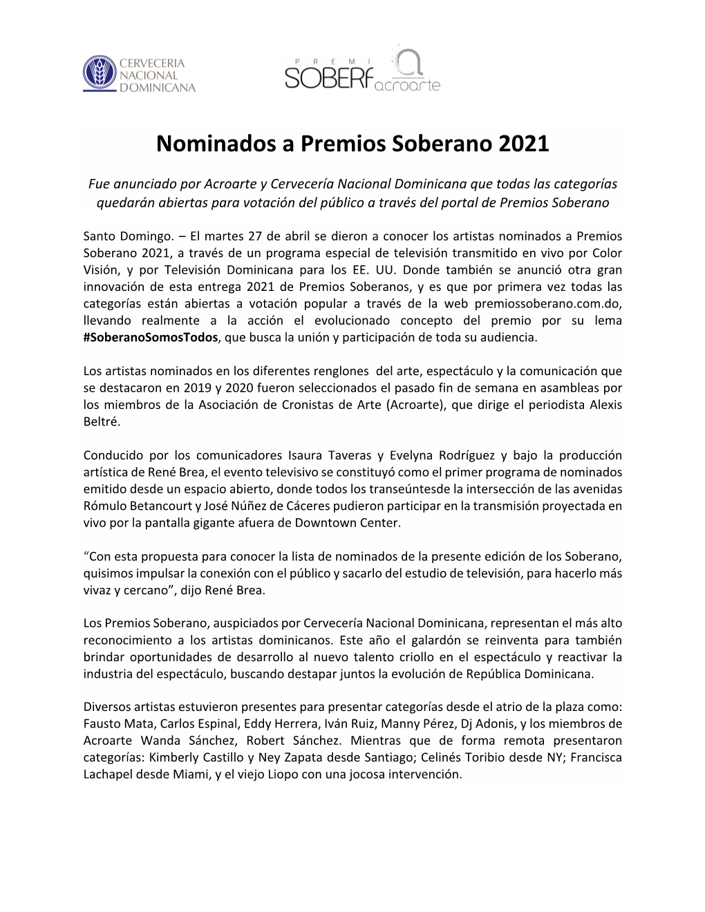 Nominados a Premios Soberano 2021