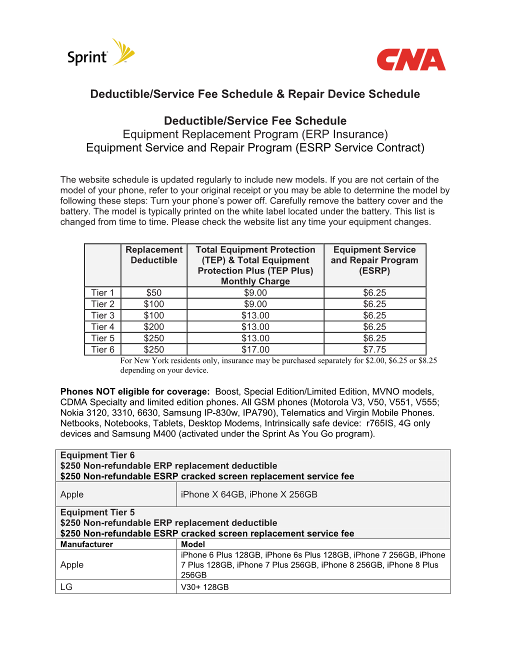 Deductible/Service Fee Schedule & Repair Device